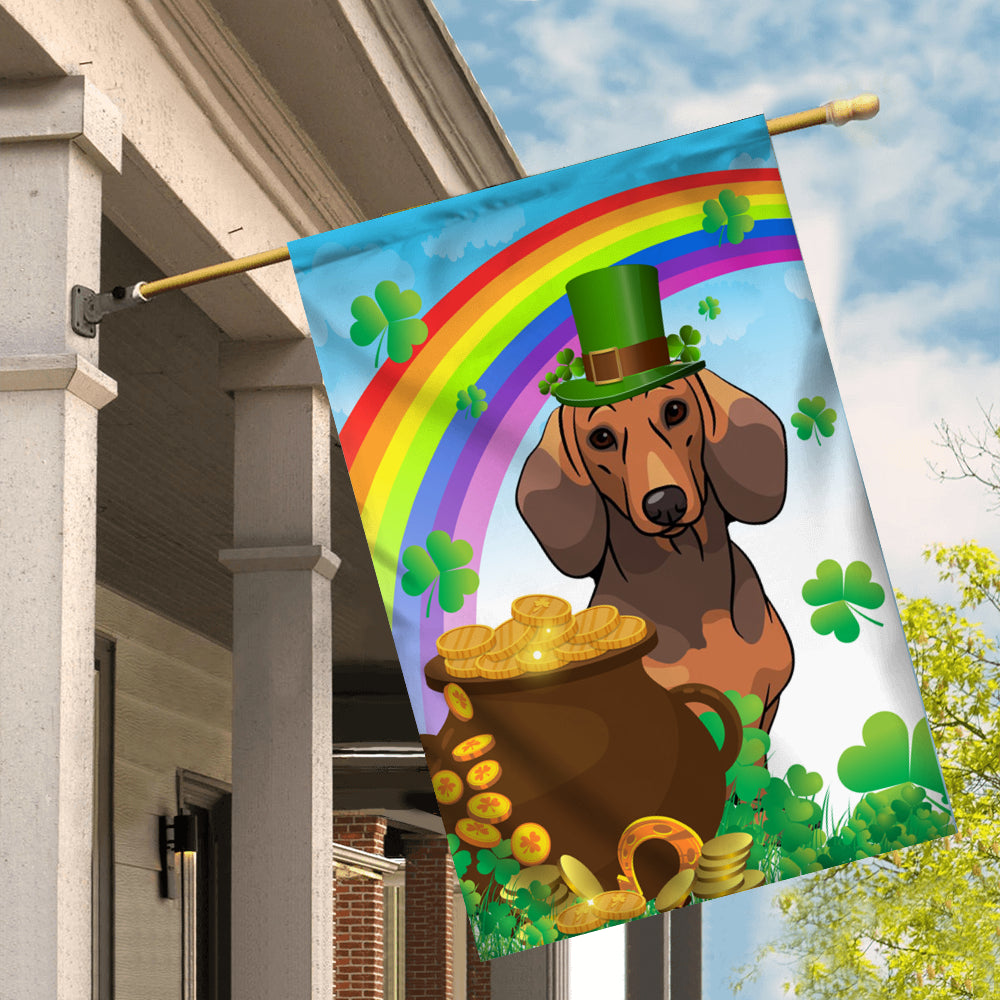 Dachshund St Patrick's Day Dog Flag Funny Peeking Dog Wear Green Hat Golden Pot Coin Shamrock Rainbow Spring Banner for Home Decor | teecentury