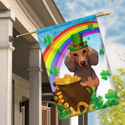 Dachshund St Patrick's Day Dog Flag Funny Peeking Dog Wear Green Hat Golden Pot Coin Shamrock Rainbow Spring Banner for Home Decor | teecentury