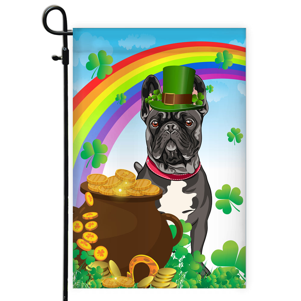 French Bulldog St Patrick's Day Dog Flag Funny Peeking Dog Wear Green Hat Golden Pot Coin Shamrock Rainbow Spring Banner for Home Decor | teecentury