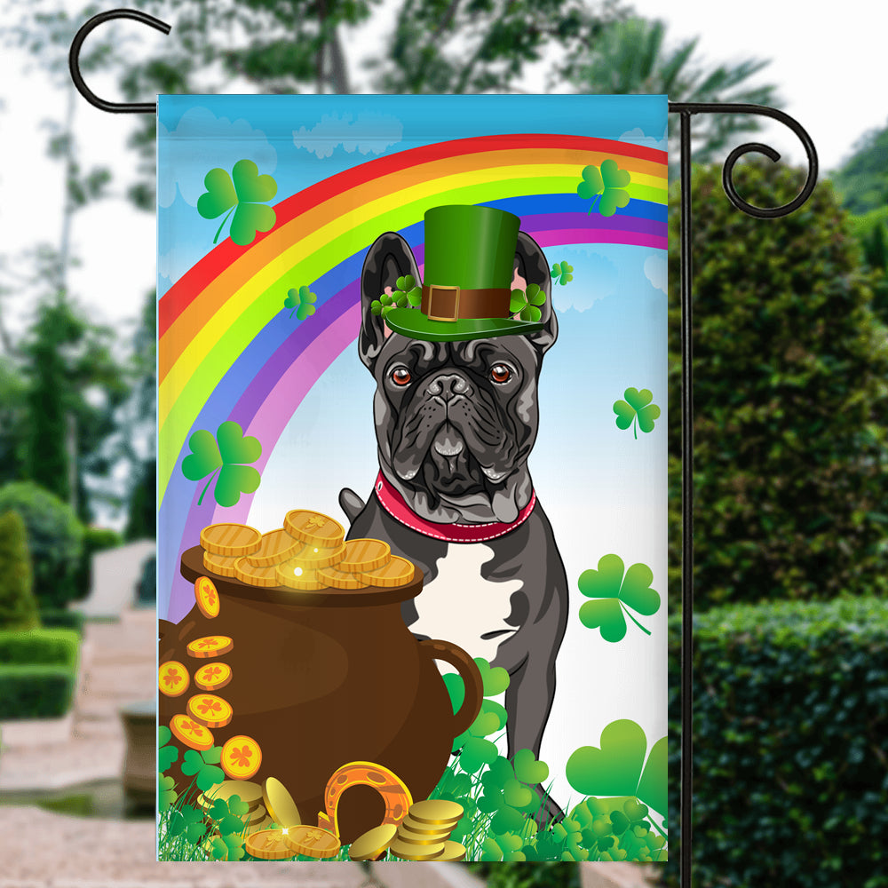 French Bulldog St Patrick's Day Dog Flag Funny Peeking Dog Wear Green Hat Golden Pot Coin Shamrock Rainbow Spring Banner for Home Decor | teecentury
