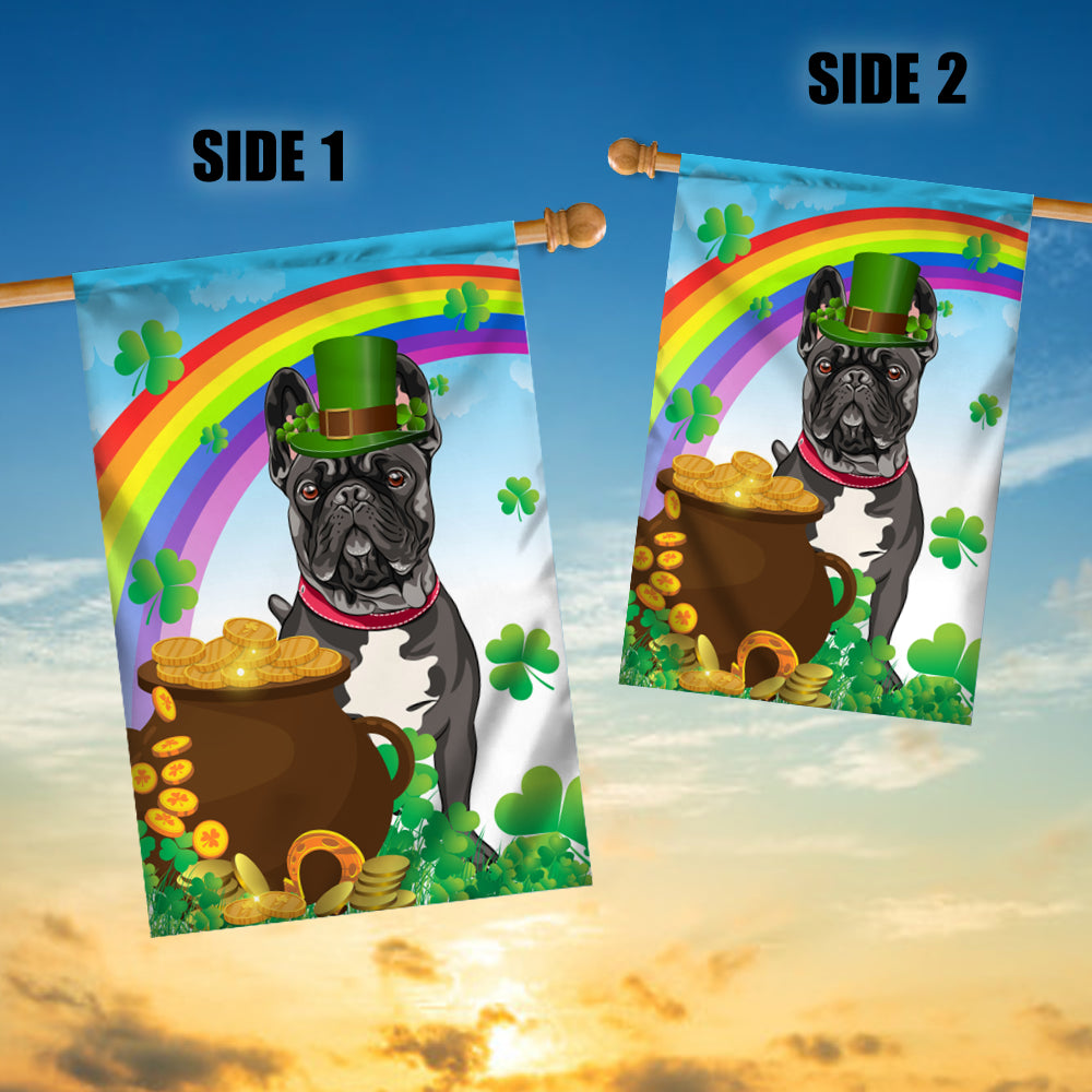 French Bulldog St Patrick's Day Dog Flag Funny Peeking Dog Wear Green Hat Golden Pot Coin Shamrock Rainbow Spring Banner for Home Decor | teecentury