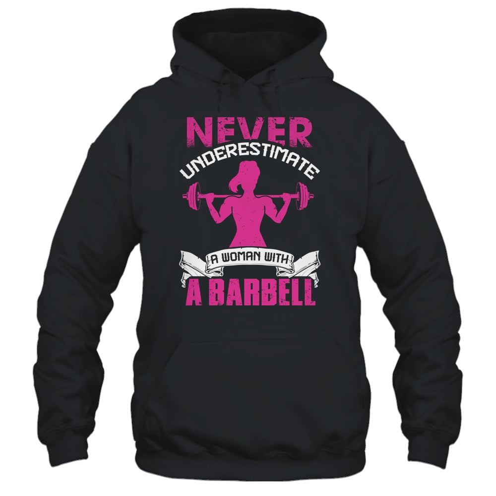 Never Underestimate A Woman With A Barbell Funny Gym Fitness T-Shirt & Tank Top | Teecentury.com