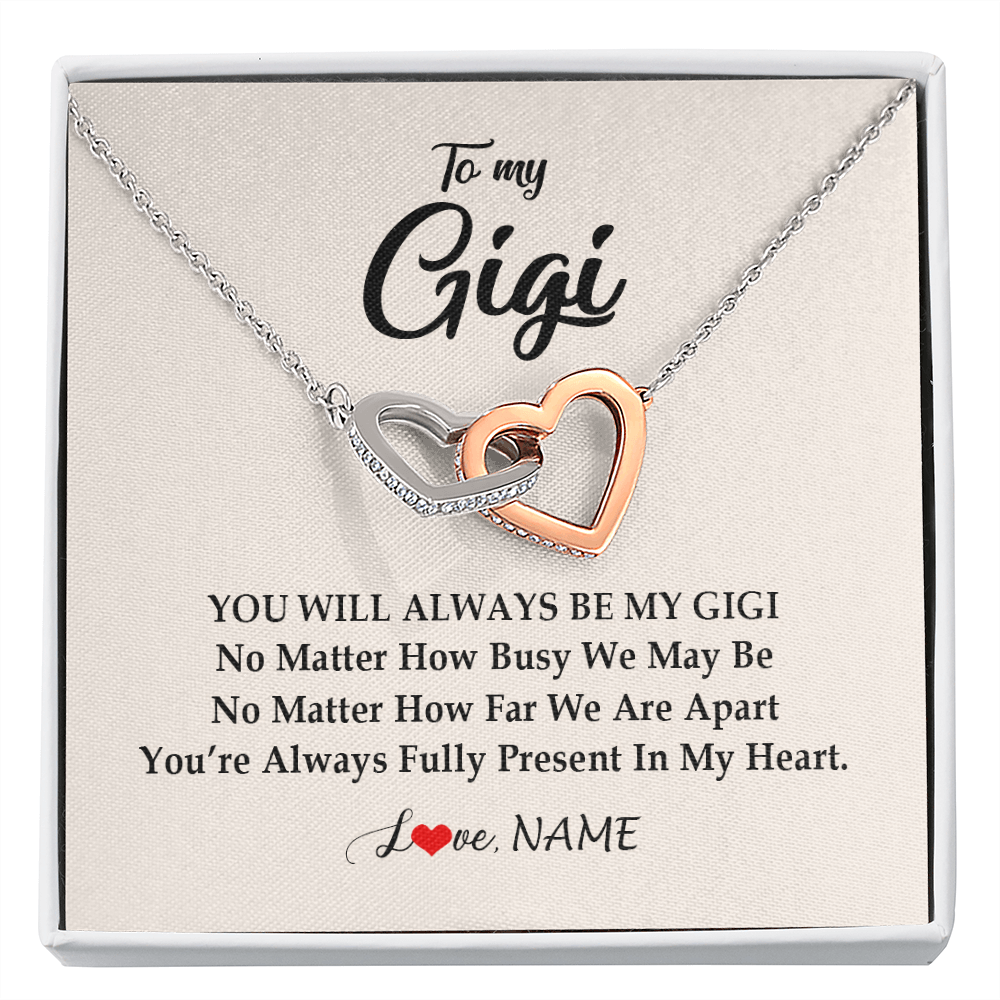 Interlocking Hearts Necklace | Personalized Gigi Necklace From Grandkids Granddaughter Grandson You're Always In My Heart Gigi Birthday Mothers Day Christmas Customized Gift Box Message Card | teecentury