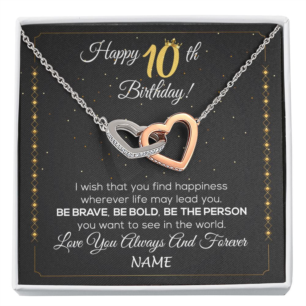 Interlocking Hearts Necklace | Personalized Happy 10Th Birthday Necklace For Her Girls Daughter Niece Sister Goddaughter Granddaughter 10 Year Old Birthday Customized Gift Box Message Card | teecentury