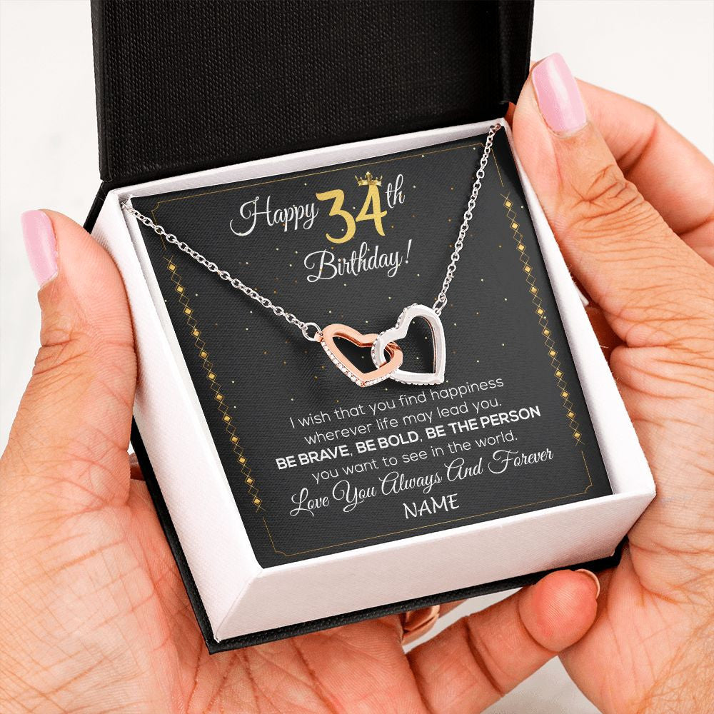 Interlocking Hearts Necklace | Personalized Happy 34Th Birthday Necklace For Her Girls Daughter Niece Sister Goddaughter Granddaughter 34 Year Old Birthday Customized Gift Box Message Card | teecentury