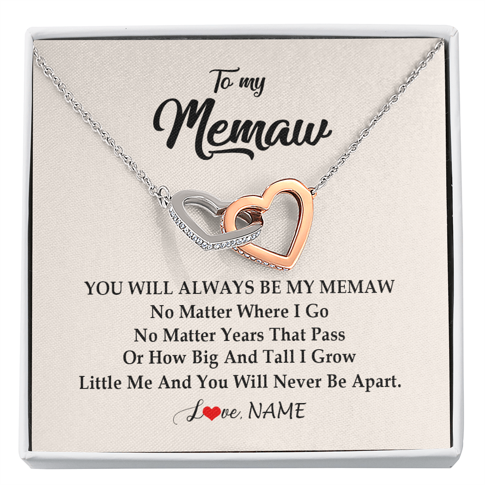 Interlocking Hearts Necklace | Personalized Memaw Necklace From Grandkids Granddaughter Grandson You Will Always Be My Meme Birthday Mothers Day Christmas Customized Gift Box Message Card | teecentury