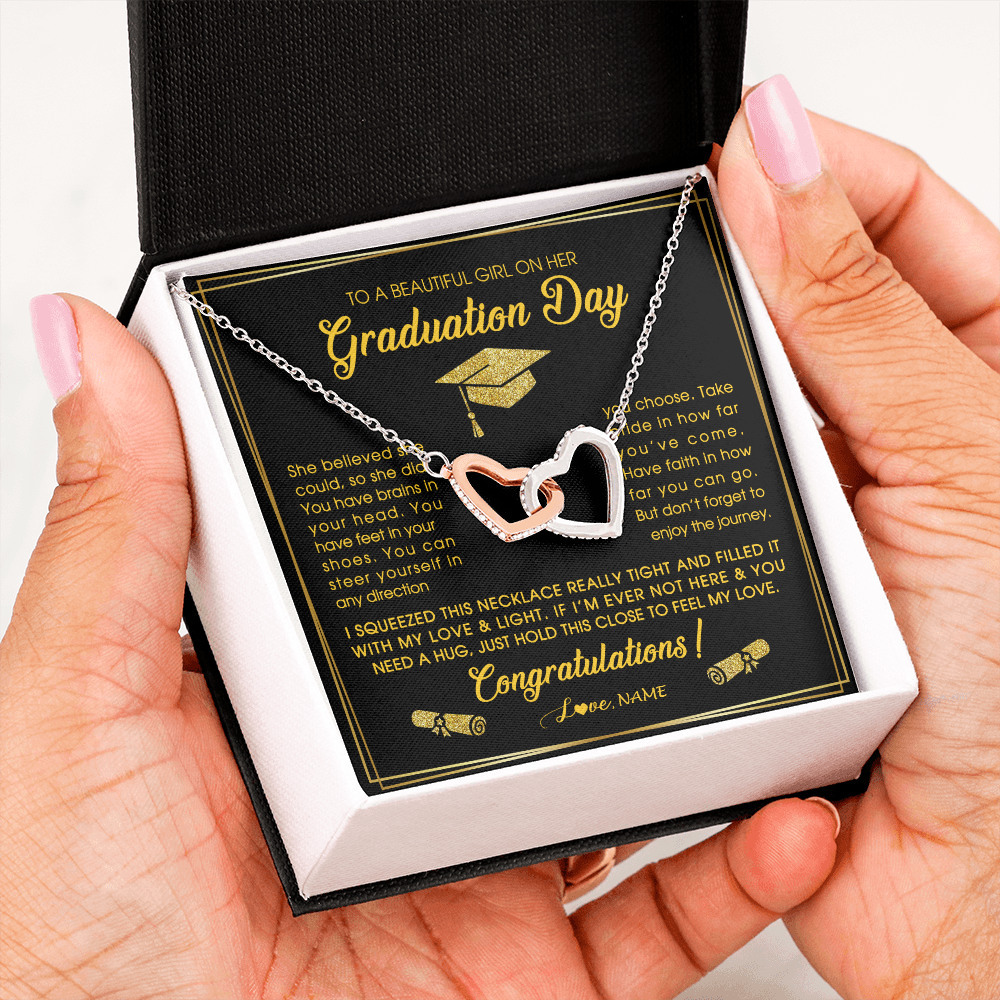 Interlocking Hearts Necklace | Personalized To A Beautiful Girl On Her Graduation Day Necklace For Daughter Granddaughter Sister Bonus Daughter Jewelry Customized Gift Box Message Card | teecentury