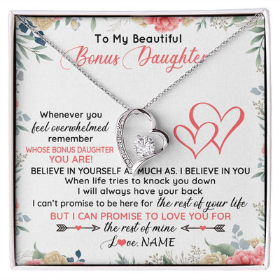 Forever Love Necklace | Personalized To My Beautiful Bonus Daughter Necklace From Stepfather Believe In You Stepdaughter Birthday Christmas Jewelry Customized Gift Box Message Card | teecentury