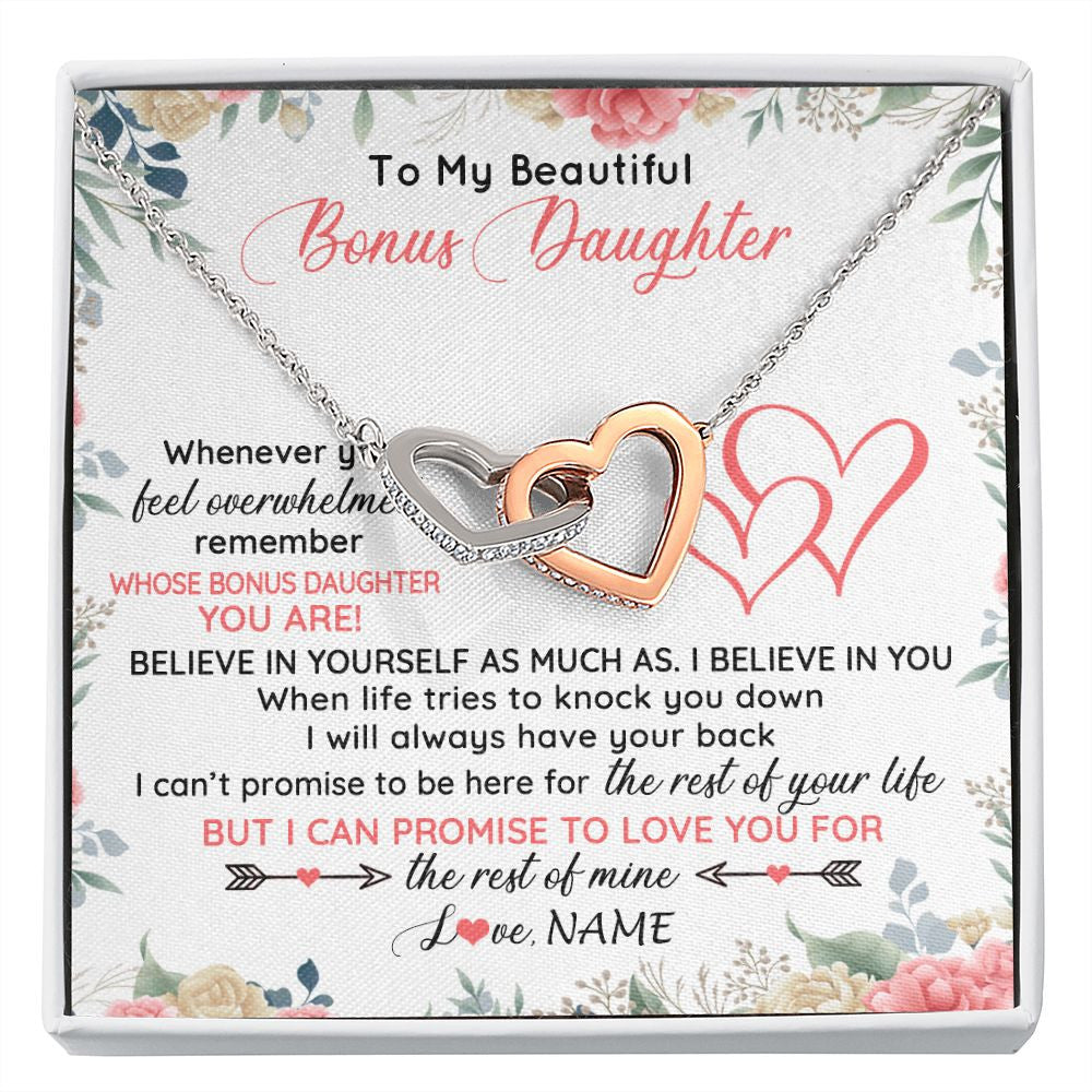 Interlocking Hearts Necklace | Personalized To My Beautiful Bonus Daughter Necklace From Stepfather Believe In You Stepdaughter Birthday Christmas Jewelry Customized Gift Box Message Card | teecentury