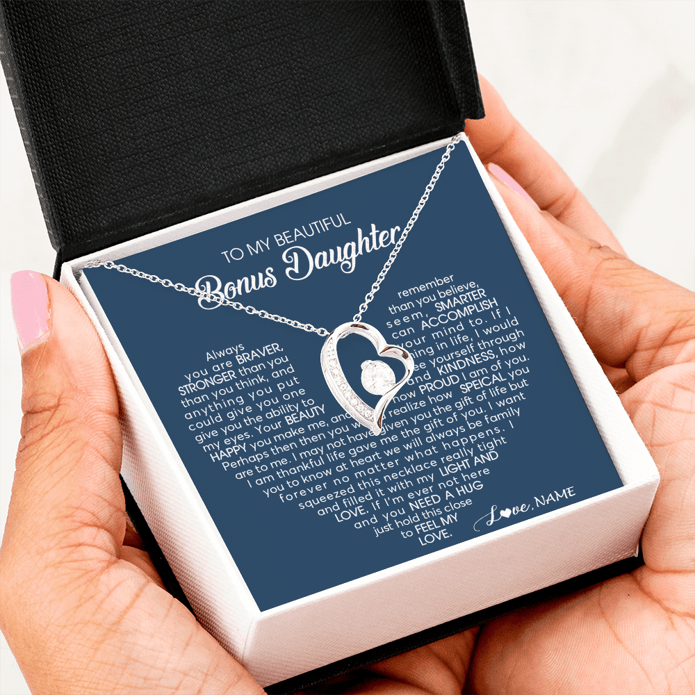 Forever Love Necklace | Personalized To My Beautiful Bonus Daughter Necklace Need A Hug Just Hold This Stepdaughter Pendant Jewelry Birthday Christmas Customized Gift Box Message Card | teecentury
