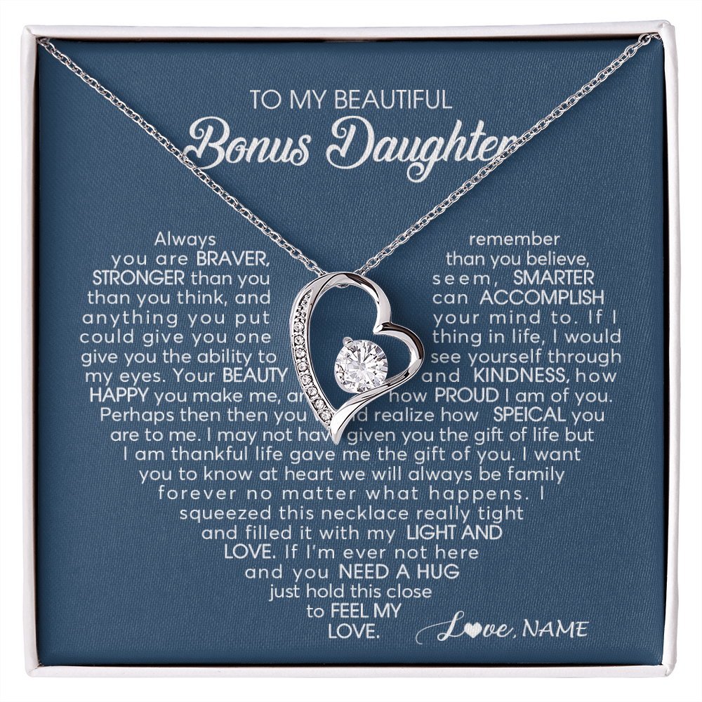 Forever Love Necklace | Personalized To My Beautiful Bonus Daughter Necklace Need A Hug Just Hold This Stepdaughter Pendant Jewelry Birthday Christmas Customized Gift Box Message Card | teecentury