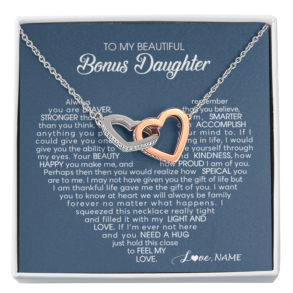 Interlocking Hearts Necklace | Personalized To My Beautiful Bonus Daughter Necklace Need A Hug Just Hold This Stepdaughter Pendant Jewelry Birthday Christmas Customized Gift Box Message Card | teecentury