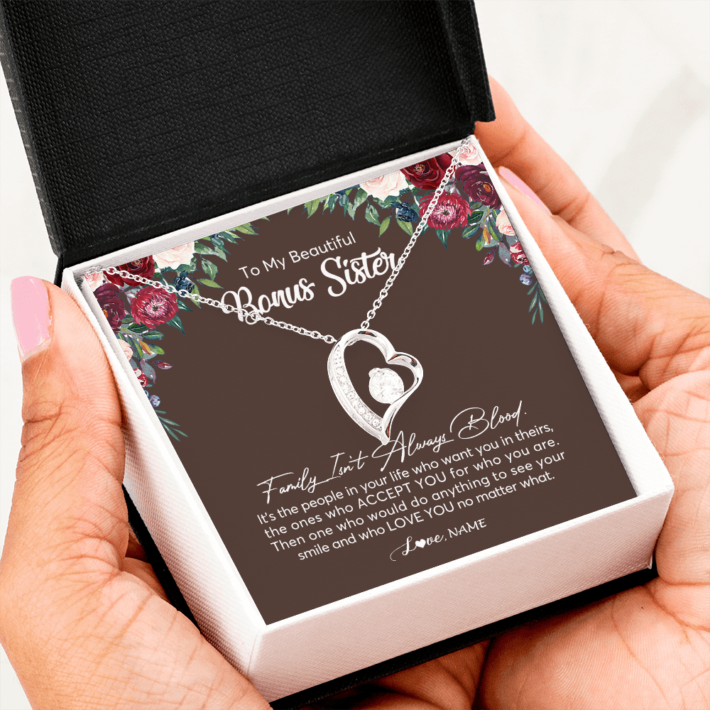 Forever Love Necklace | Personalized To My Beautiful Bonus Sister Necklace Family Itn't Always Blood Sister In Law Jewelry Birthday Wedding Christmas Customized Gift Box Message Card | teecentury