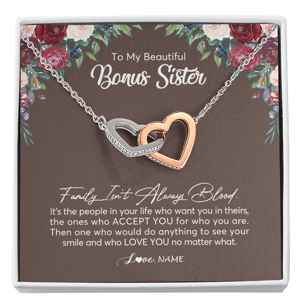 Interlocking Hearts Necklace | Personalized To My Beautiful Bonus Sister Necklace Family Itn't Always Blood Sister In Law Jewelry Birthday Wedding Christmas Customized Gift Box Message Card | teecentury