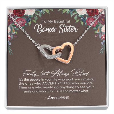 Interlocking Hearts Necklace | Personalized To My Beautiful Bonus Sister Necklace Family Itn't Always Blood Sister In Law Jewelry Birthday Wedding Christmas Customized Gift Box Message Card | teecentury