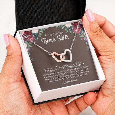 Interlocking Hearts Necklace | Personalized To My Beautiful Bonus Sister Necklace Family Itn't Always Blood Sister In Law Jewelry Birthday Wedding Christmas Customized Gift Box Message Card | teecentury