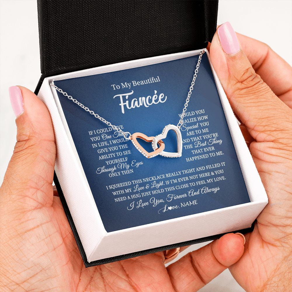 Interlocking Hearts Necklace | Personalized To My Beautiful Fiancee Necklace From Fiance Hold This Close My Love Fiancee Birthday Valentine Day Christmas Customized Gift Box Message Card | teecentury