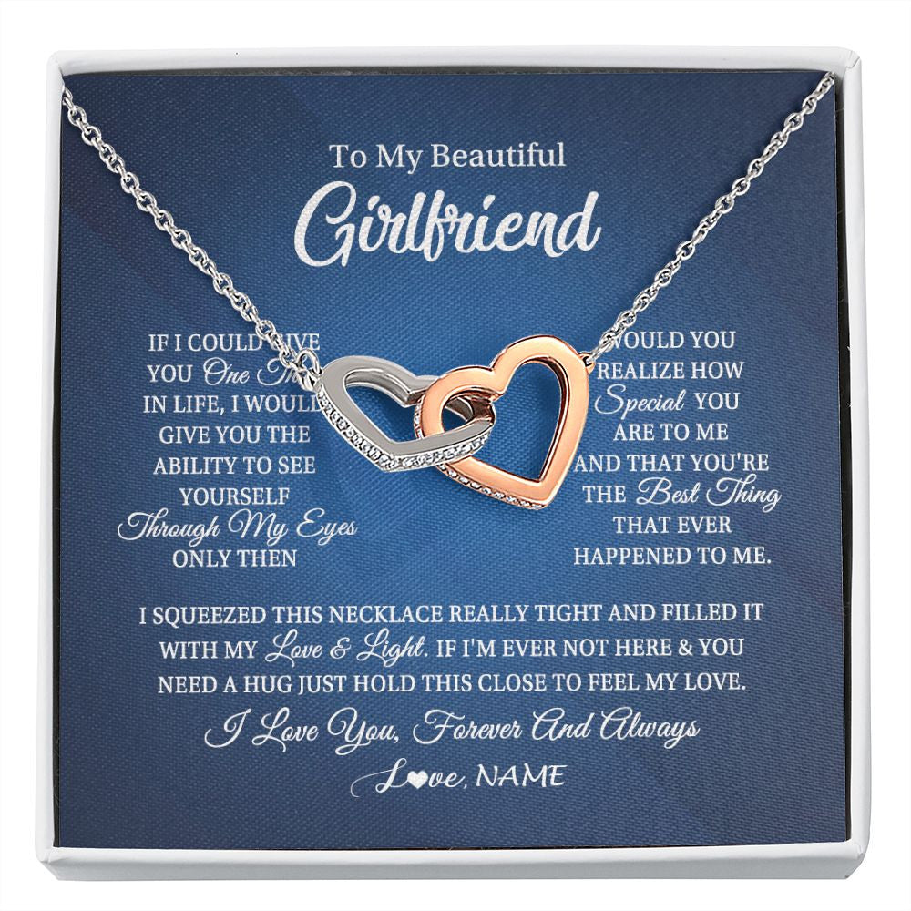 Interlocking Hearts Necklace | Personalized To My Beautiful Girlfriend Necklace From Boyfriend Hold This Close My Love Girlfriend Birthday Christmas Customized Gift Box Message Card | teecentury
