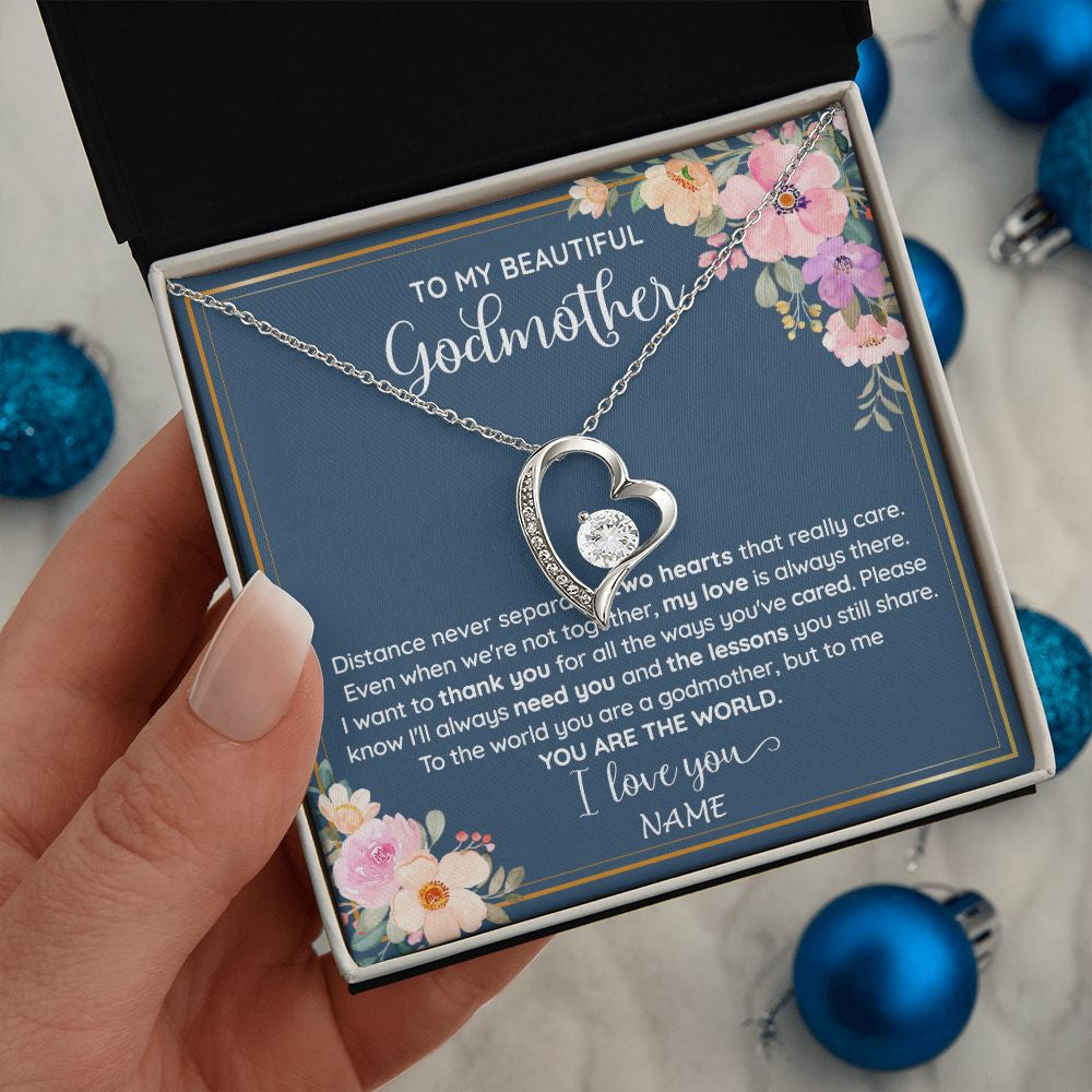 Forever Love Necklace | Personalized To My Beautiful Godmother Necklace From Niece You Are The World Godmother Birthday Mothers Day Christmas Customized Gift Box Message Card | teecentury