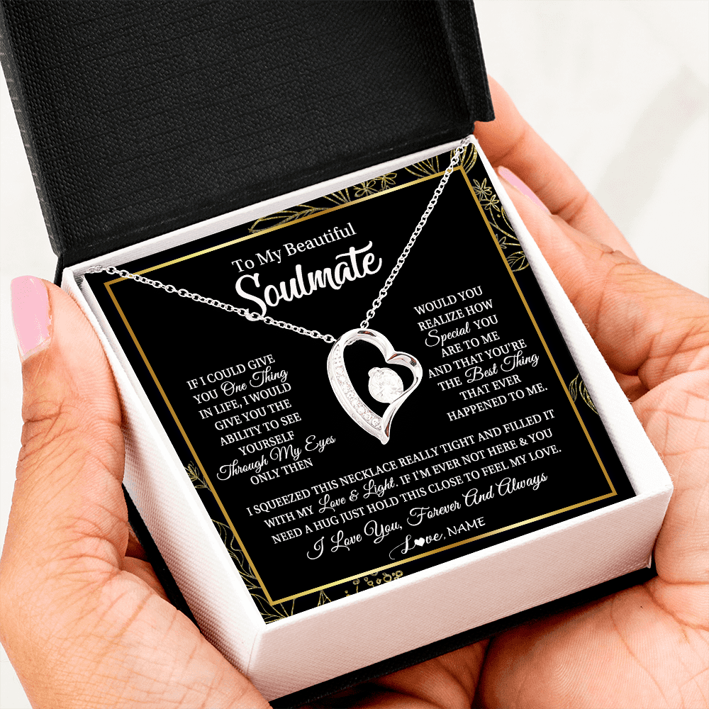 Forever Love Necklace | Personalized To My Beautiful Soulmate Necklace From Husband Boyfriend Feel My Love For Her Future Wife Girlfriend Birthday Anniversary Customized Message Card | teecentury