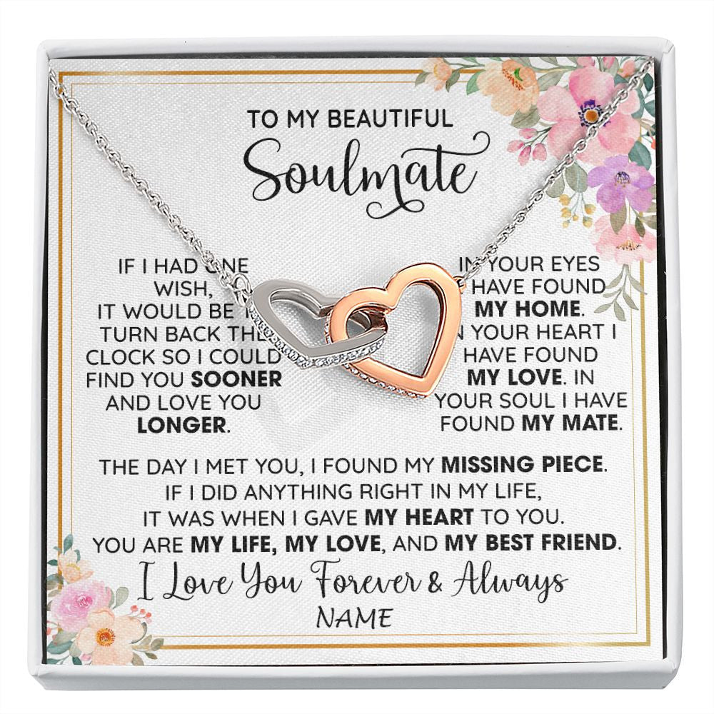 Interlocking Hearts Necklace | Personalized To My Beautiful Soulmate Necklace From Husband My Life My Love Wife Romantic Birthday Anniversary Christmas Customized Gift Box Message Card | teecentury