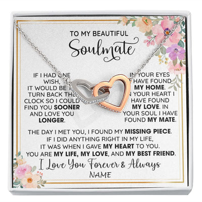 Interlocking Hearts Necklace | Personalized To My Beautiful Soulmate Necklace From Husband My Life My Love Wife Romantic Birthday Anniversary Christmas Customized Gift Box Message Card | teecentury