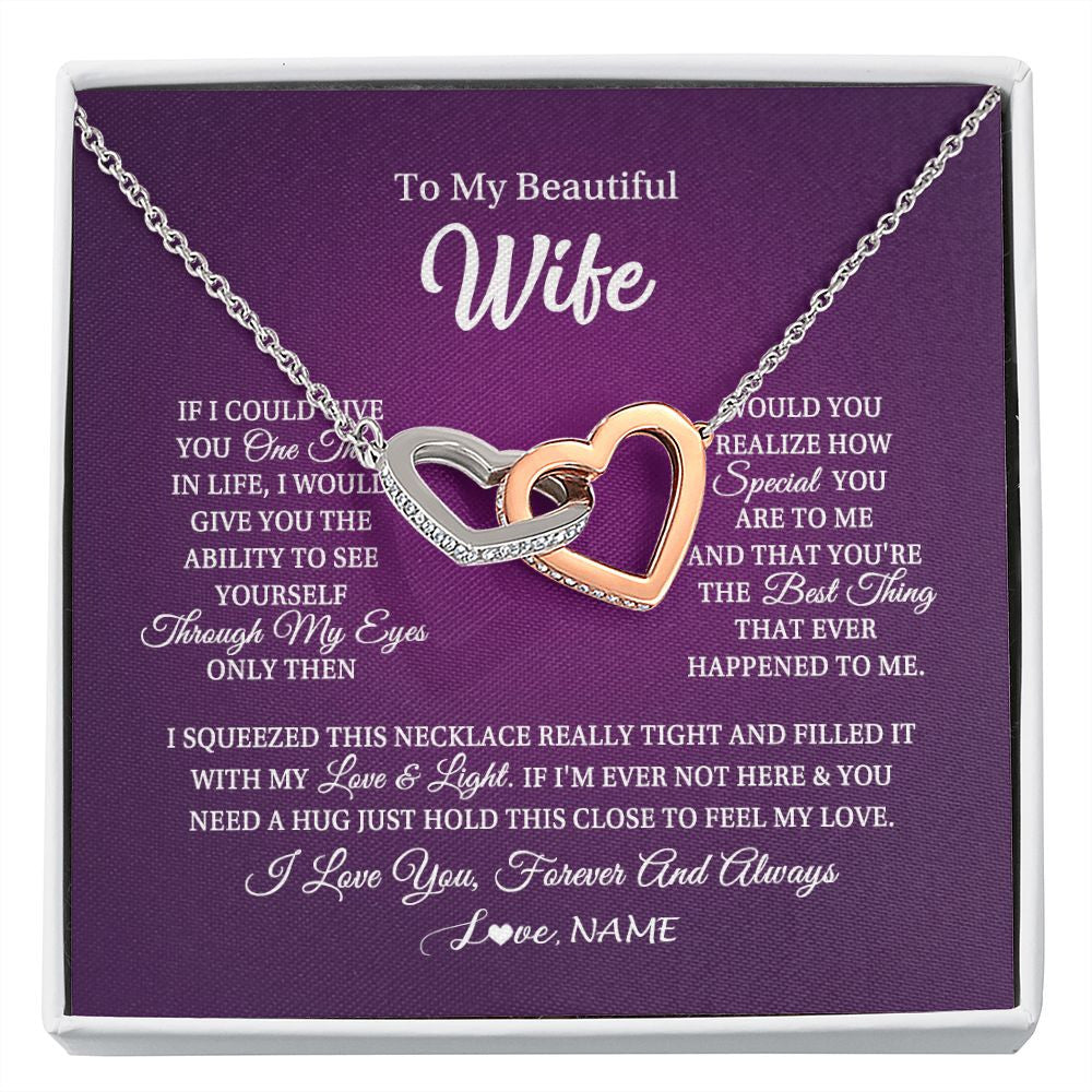 Interlocking Hearts Necklace | Personalized To My Beautiful Wife Necklace From Husband I Love You Wife Birthday Anniversary Valentines Day Christmas Jewelry Customized Gift Box Message Card | teecentury
