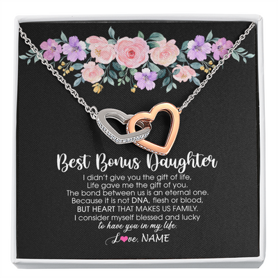 Interlocking Hearts Necklace | Personalized To My Best Bonus Daughter Necklace From Bonus Mom Life Gave Me The Gift Of You Step Daughter Jewelry Birthday Christmas Customized Message Card | teecentury