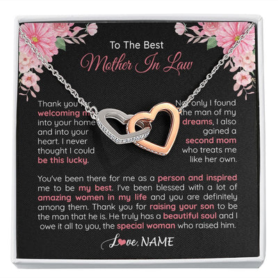Interlocking Hearts Necklace | Personalized To My Best Mother In Law Necklace From Daugter In Law Thank You Husband Mom Mother Birthday Wedding Day Christmas Customized Gift Box Message Card | teecentury