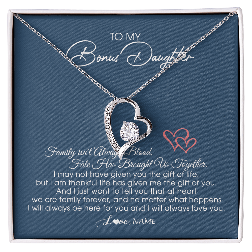 Forever Love Necklace | Personalized To My Bonus Daughter Necklace From Mom Dad We Are Family Forever Jewelry Step Daughter Pendant Birthday Christmas Customized Gift Box Message Card | teecentury