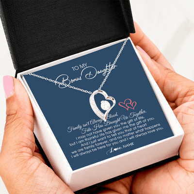 Forever Love Necklace | Personalized To My Bonus Daughter Necklace From Mom Dad We Are Family Forever Jewelry Step Daughter Pendant Birthday Christmas Customized Gift Box Message Card | teecentury