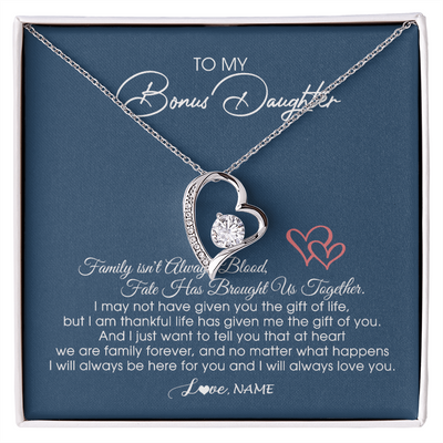 Forever Love Necklace | Personalized To My Bonus Daughter Necklace From Mom Dad We Are Family Forever Jewelry Step Daughter Pendant Birthday Christmas Customized Gift Box Message Card | teecentury