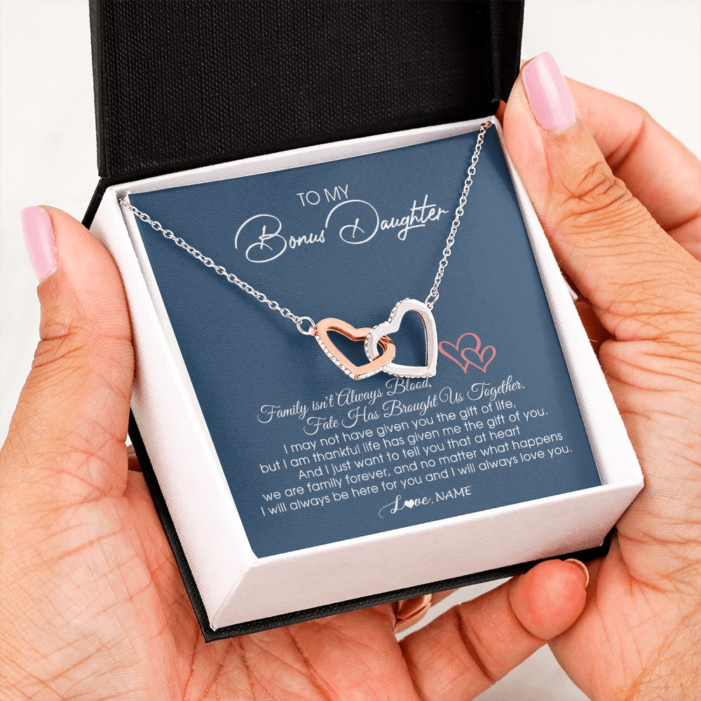 Interlocking Hearts Necklace | Personalized To My Bonus Daughter Necklace From Mom Dad We Are Family Forever Jewelry Step Daughter Pendant Birthday Christmas Customized Gift Box Message Card | teecentury