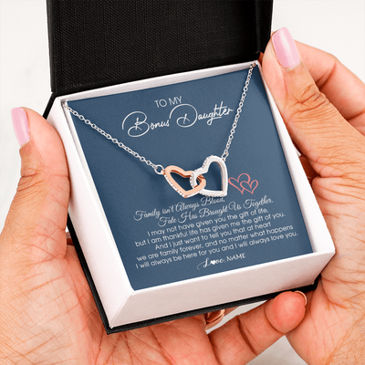 Interlocking Hearts Necklace | Personalized To My Bonus Daughter Necklace From Mom Dad We Are Family Forever Jewelry Step Daughter Pendant Birthday Christmas Customized Gift Box Message Card | teecentury