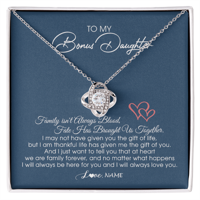 Love Knot Necklace | Personalized To My Bonus Daughter Necklace From Mom Dad We Are Family Forever Jewelry Step Daughter Pendant Birthday Christmas Customized Gift Box Message Card | teecentury