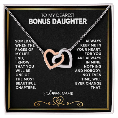 Interlocking Hearts Necklace | Personalized To My Bonus Daughter Necklace From Step Mother When The Pages Of My Life End Stepdaughter Birthday Christmas Customized Gift Box Message Card | teecentury