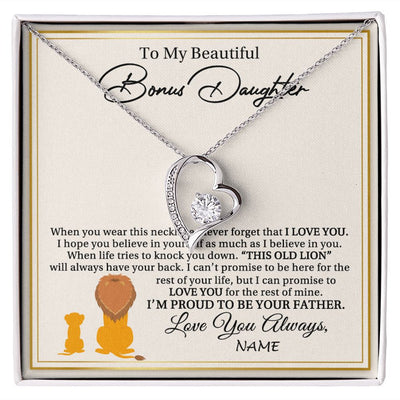 Forever Love Necklace | Personalized To My Bonus Daughter Necklace From Stepdad I'M Proud To Be Your Father Lion Stepdaughter Birthday Christmas Customized Gift Box Message Card | teecentury
