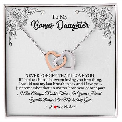 Interlocking Hearts Necklace | Personalized To My Bonus Daughter Necklace From Stepmom Never Forget That I Love You Step Daughter Birthday Christmas Customized Gift Box Message Card | teecentury