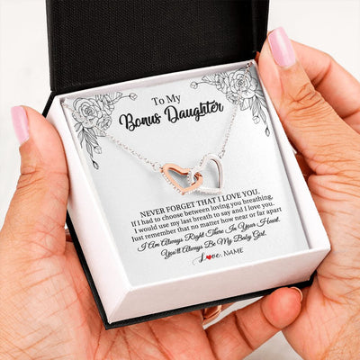 Interlocking Hearts Necklace | Personalized To My Bonus Daughter Necklace From Stepmom Never Forget That I Love You Step Daughter Birthday Christmas Customized Gift Box Message Card | teecentury