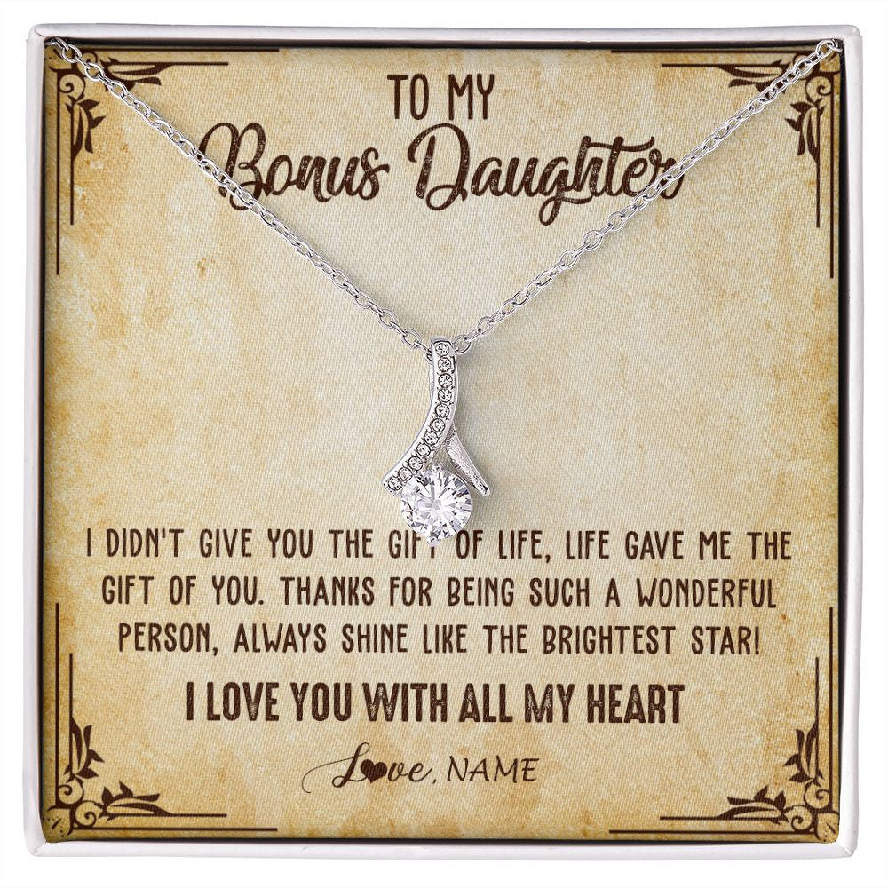 Alluring Beauty Necklace | Personalized To My Bonus Daughter Necklace From Stepmom Stepdad I Love You With All My Heart Stepdaughter Birthday Christmas Customized Gift Box Message Card | teecentury