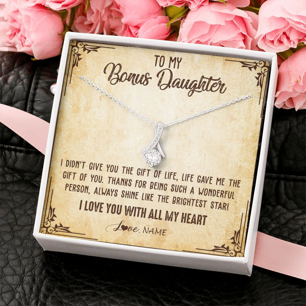 Alluring Beauty Necklace | Personalized To My Bonus Daughter Necklace From Stepmom Stepdad I Love You With All My Heart Stepdaughter Birthday Christmas Customized Gift Box Message Card | teecentury