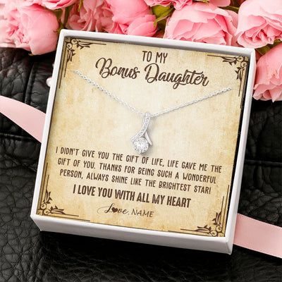 Alluring Beauty Necklace | Personalized To My Bonus Daughter Necklace From Stepmom Stepdad I Love You With All My Heart Stepdaughter Birthday Christmas Customized Gift Box Message Card | teecentury