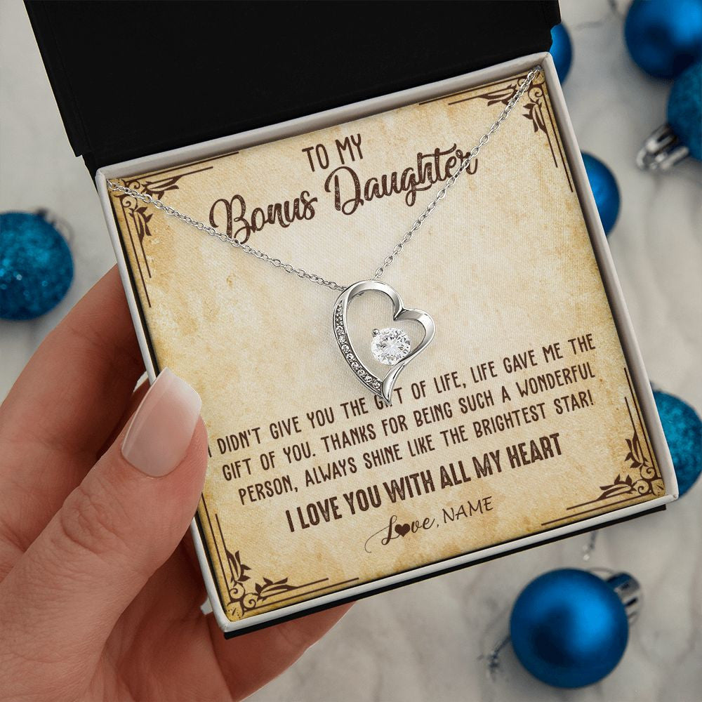 Forever Love Necklace | Personalized To My Bonus Daughter Necklace From Stepmom Stepdad I Love You With All My Heart Stepdaughter Birthday Christmas Customized Gift Box Message Card | teecentury