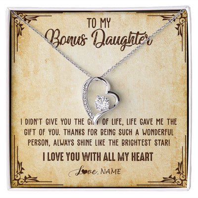 Forever Love Necklace | Personalized To My Bonus Daughter Necklace From Stepmom Stepdad I Love You With All My Heart Stepdaughter Birthday Christmas Customized Gift Box Message Card | teecentury