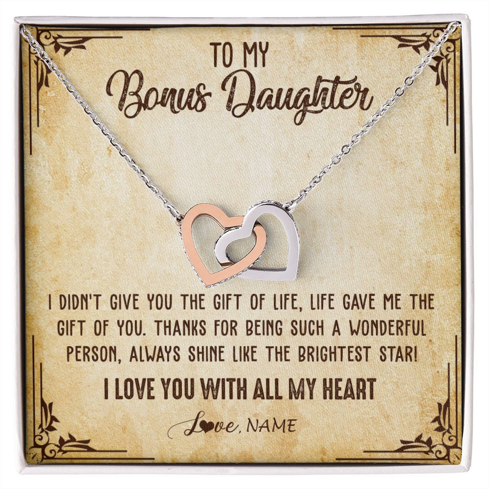 Interlocking Hearts Necklace | Personalized To My Bonus Daughter Necklace From Stepmom Stepdad I Love You With All My Heart Stepdaughter Birthday Christmas Customized Gift Box Message Card | teecentury