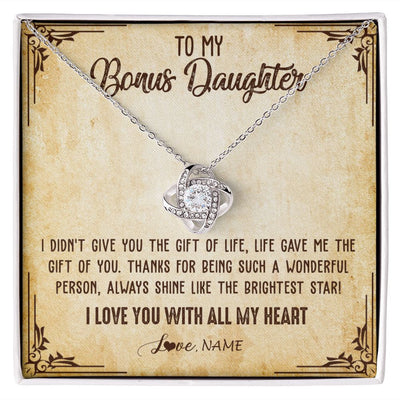 Love Knot Necklace | Personalized To My Bonus Daughter Necklace From Stepmom Stepdad I Love You With All My Heart Stepdaughter Birthday Christmas Customized Gift Box Message Card | teecentury