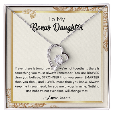 Forever Love Necklace | Personalized To My Bonus Daughter Necklace From Stepmother Braver Stronger Smarter Loved Daughter Jewelry Birthday Christmas Customized Gift Box Message Card | teecentury
