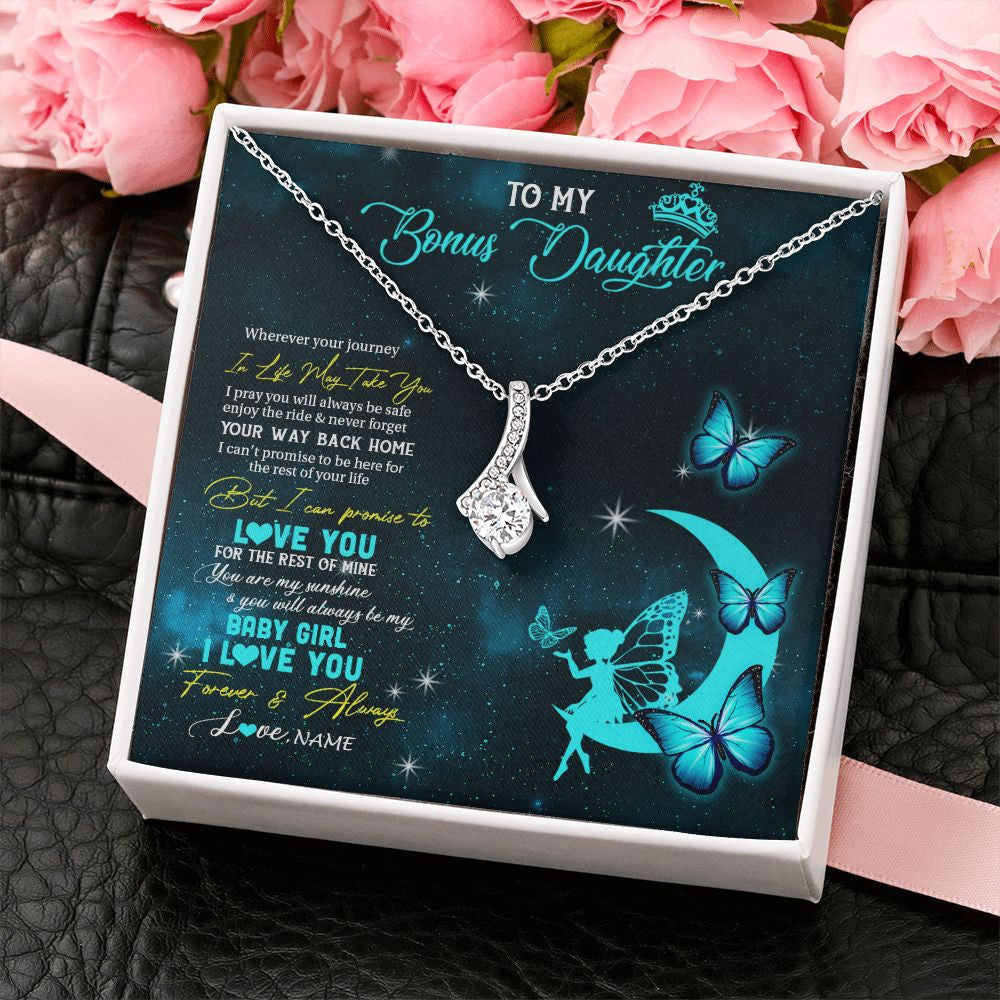 Alluring Beauty Necklace | Personalized To My Bonus Daughter Necklace From Stepmother Fairy Silhouette Fantasy Moon Stepdaughter Birthday Christmas Customized Gift Box Message Card | teecentury