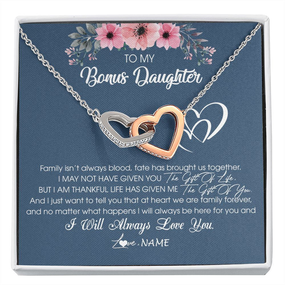 Interlocking Hearts Necklace | Personalized To My Bonus Daughter Necklace From Stepmother Stepfather I Will Always Love You Stepdaughter Jewelry Birthday Christmas Customized Message Card | teecentury