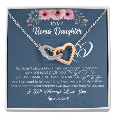 Interlocking Hearts Necklace | Personalized To My Bonus Daughter Necklace From Stepmother Stepfather I Will Always Love You Stepdaughter Jewelry Birthday Christmas Customized Message Card | teecentury
